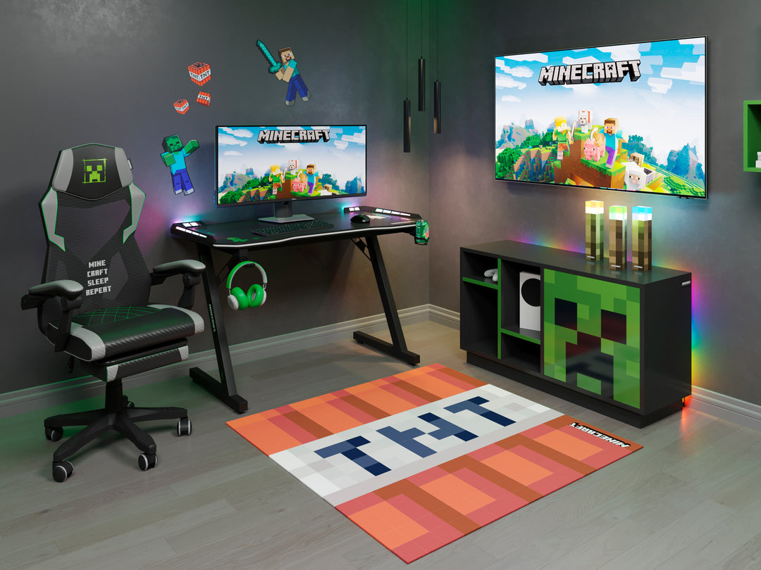 Meuble TV bas 'Minecraft' avec porte push-open et 4 compartiments ouverts - noir / vert