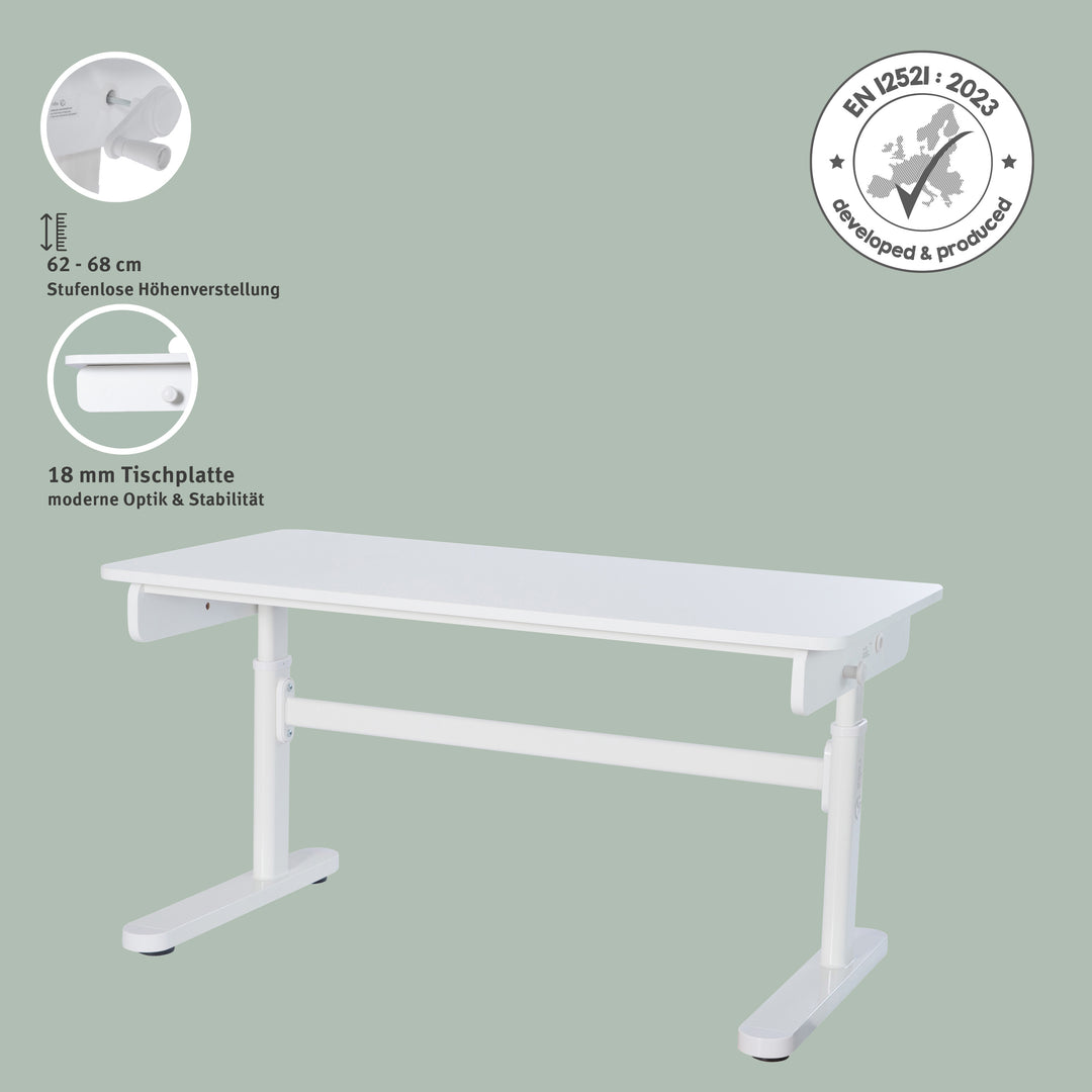 Escritorio Basic blanco - Escritorio infantil regulable en altura 62-78 cm - Mesa ergonómica para habitación infantil y juvenil - Sin cajón - 110x60 cm - Diseño moderno - Estable y fácil de limpiar