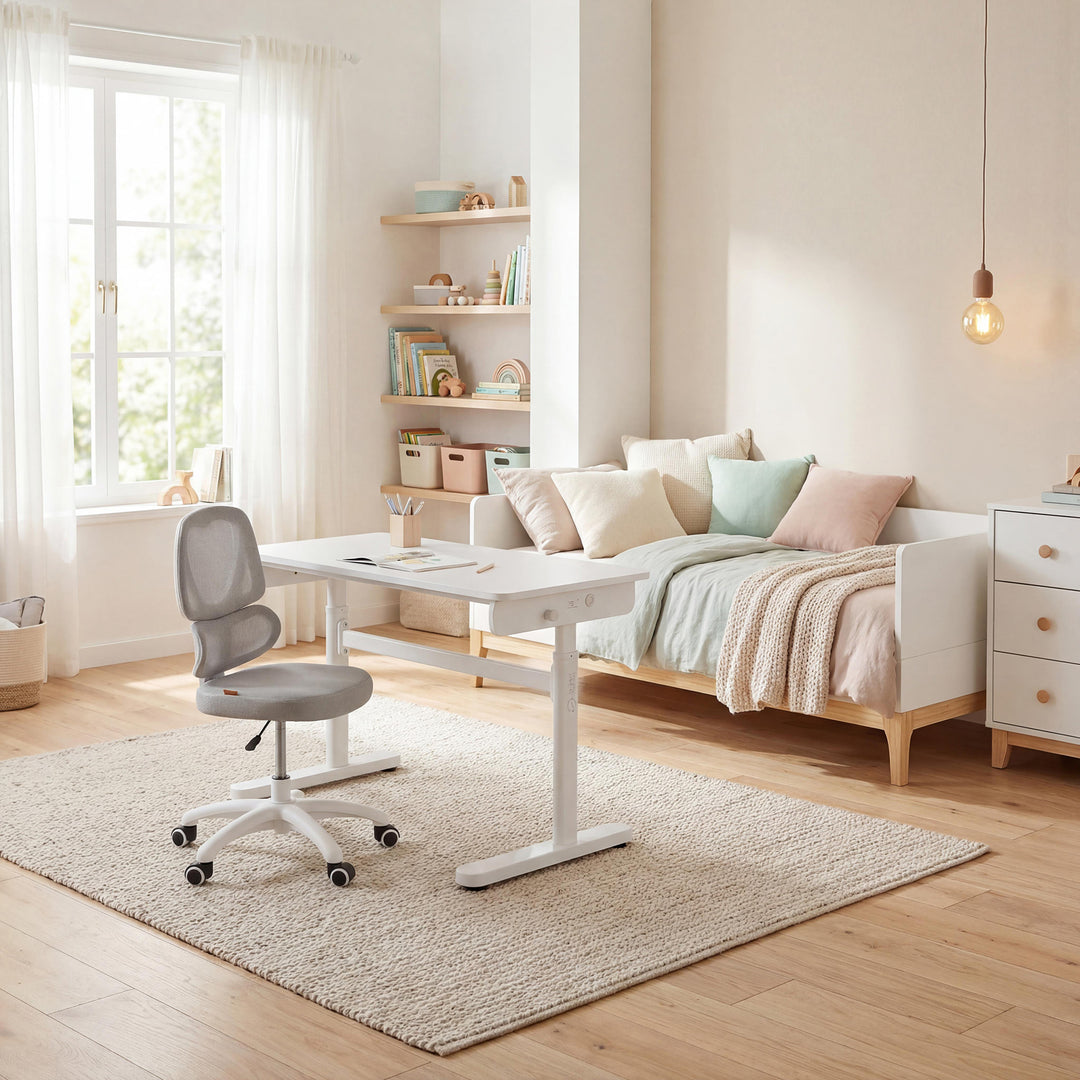 Escritorio Basic blanco - Escritorio infantil regulable en altura 62-78 cm - Mesa ergonómica para habitación infantil y juvenil - Sin cajón - 110x60 cm - Diseño moderno - Estable y fácil de limpiar