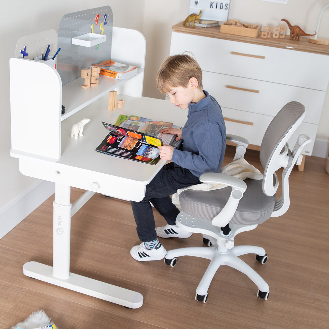 Escritorio Basic blanco - Escritorio infantil regulable en altura 62-78 cm - Mesa ergonómica para habitación infantil y juvenil - Sin cajón - 110x60 cm - Diseño moderno - Estable y fácil de limpiar