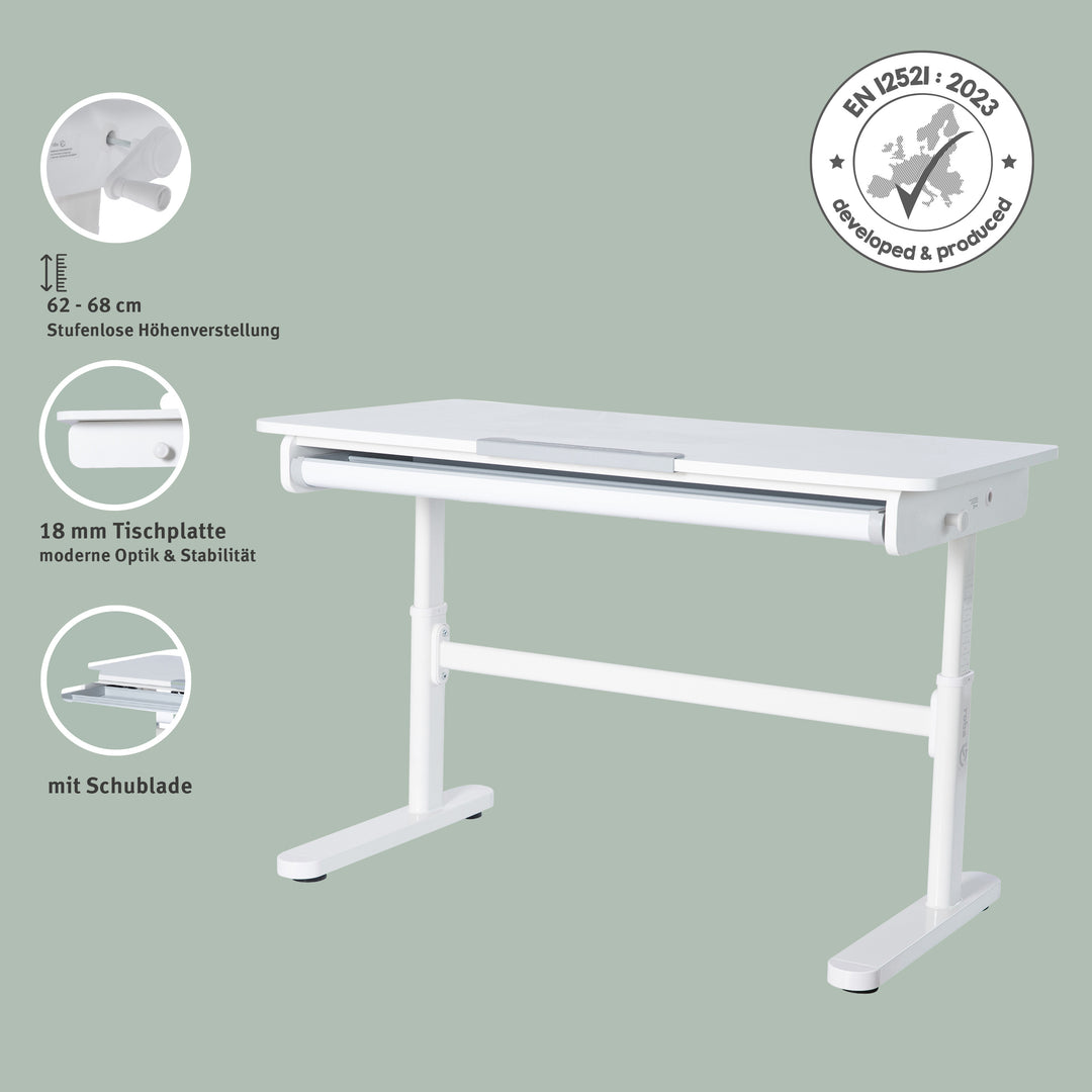 Escritorio con cajón blanco - Escritorio infantil regulable en altura 62-78 cm - Escritorio infantil ergonómico con espacio de almacenamiento - Para niños y jóvenes - Incl. cajón - 110x60 cm - Diseño moderno - Estable y fácil de cuidar