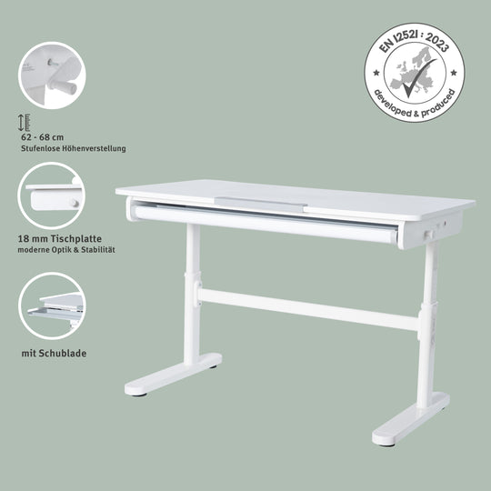 Escritorio con cajón blanco - Escritorio infantil regulable en altura 62-78 cm - Escritorio infantil ergonómico con espacio de almacenamiento - Para niños y jóvenes - Incl. cajón - 110x60 cm - Diseño moderno - Estable y fácil de cuidar
