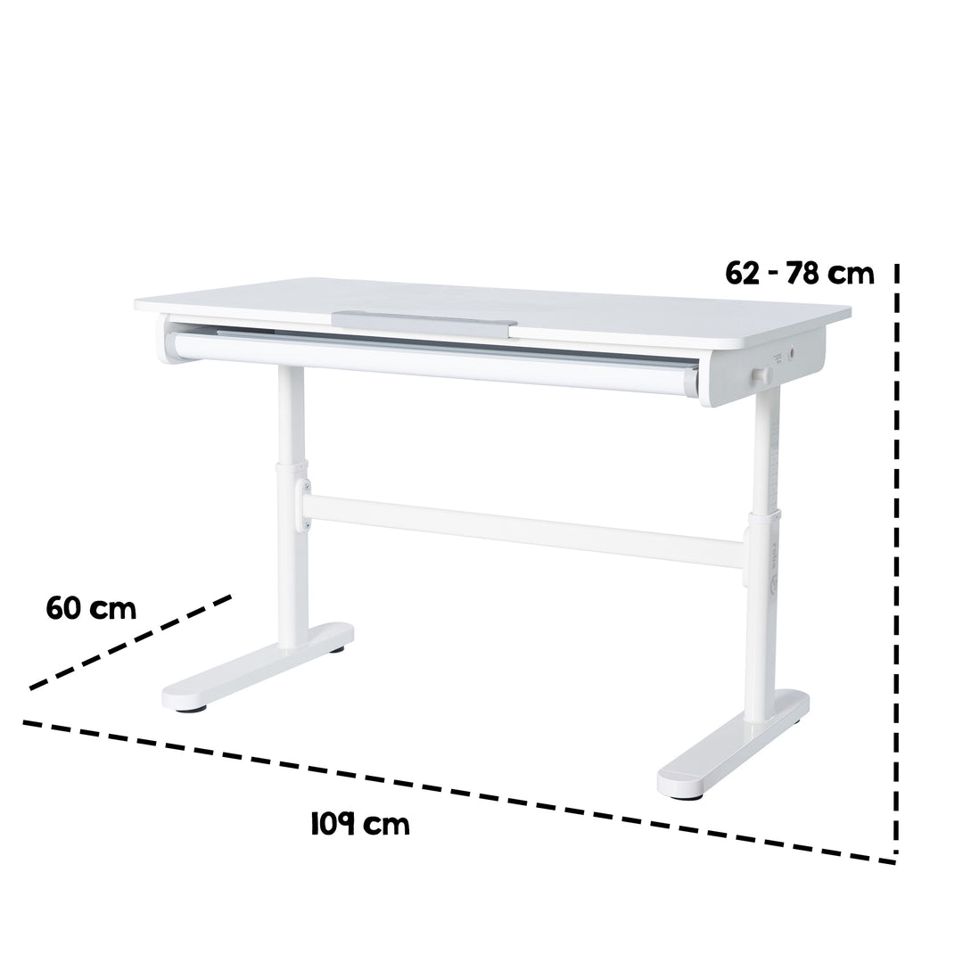 Escritorio con cajón blanco - Escritorio infantil regulable en altura 62-78 cm - Escritorio infantil ergonómico con espacio de almacenamiento - Para niños y jóvenes - Incl. cajón - 110x60 cm - Diseño moderno - Estable y fácil de cuidar