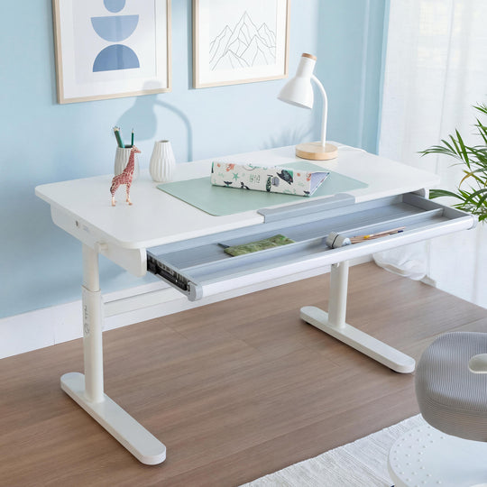 Escritorio con cajón blanco - Escritorio infantil regulable en altura 62-78 cm - Escritorio infantil ergonómico con espacio de almacenamiento - Para niños y jóvenes - Incl. cajón - 110x60 cm - Diseño moderno - Estable y fácil de cuidar