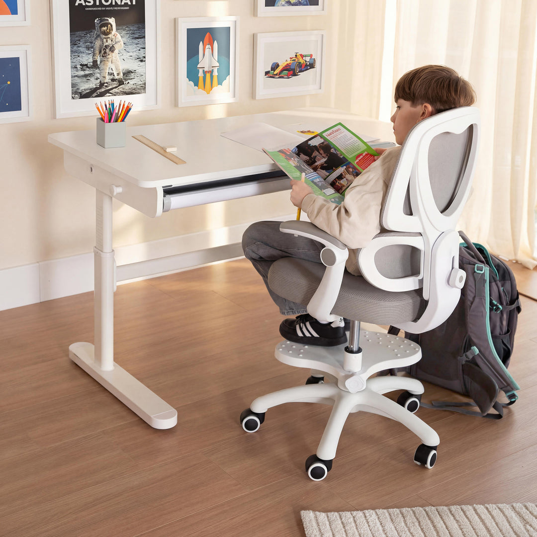 Escritorio con cajón blanco - Escritorio infantil regulable en altura 62-78 cm - Escritorio infantil ergonómico con espacio de almacenamiento - Para niños y jóvenes - Incl. cajón - 110x60 cm - Diseño moderno - Estable y fácil de cuidar