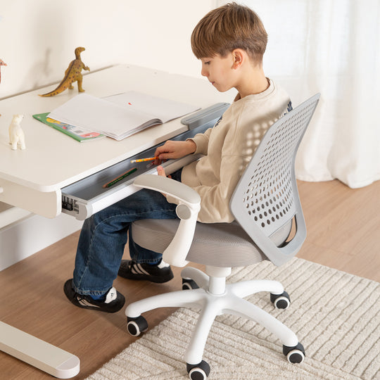 Escritorio con cajón blanco - Escritorio infantil regulable en altura 62-78 cm - Escritorio infantil ergonómico con espacio de almacenamiento - Para niños y jóvenes - Incl. cajón - 110x60 cm - Diseño moderno - Estable y fácil de cuidar
