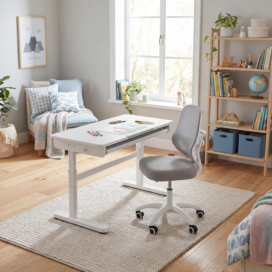 Escritorio con cajón blanco - Escritorio infantil regulable en altura 62-78 cm - Escritorio infantil ergonómico con espacio de almacenamiento - Para niños y jóvenes - Incl. cajón - 110x60 cm - Diseño moderno - Estable y fácil de cuidar