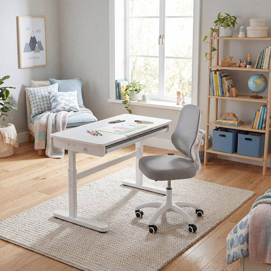 Escritorio con cajón blanco - Escritorio infantil regulable en altura 62-78 cm - Escritorio infantil ergonómico con espacio de almacenamiento - Para niños y jóvenes - Incl. cajón - 110x60 cm - Diseño moderno - Estable y fácil de cuidar