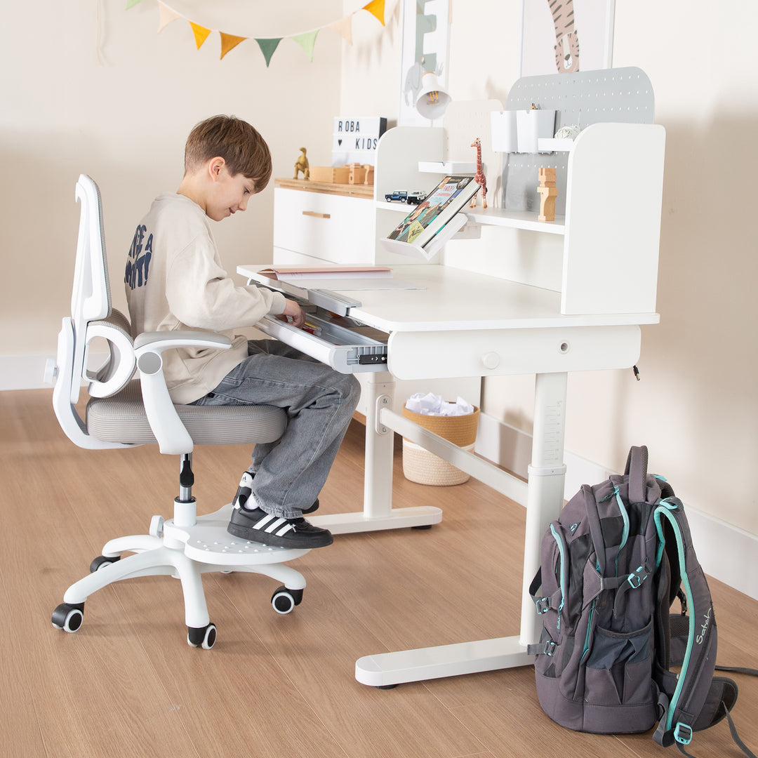 Escritorio con cajón blanco - Escritorio infantil regulable en altura 62-78 cm - Escritorio infantil ergonómico con espacio de almacenamiento - Para niños y jóvenes - Incl. cajón - 110x60 cm - Diseño moderno - Estable y fácil de cuidar