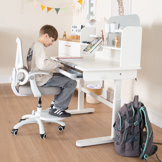 Escritorio con cajón blanco - Escritorio infantil regulable en altura 62-78 cm - Escritorio infantil ergonómico con espacio de almacenamiento - Para niños y jóvenes - Incl. cajón - 110x60 cm - Diseño moderno - Estable y fácil de cuidar