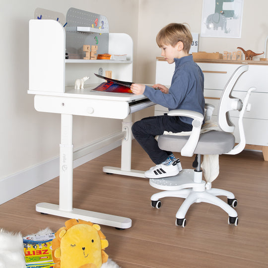 Escritorio con cajón blanco - Escritorio infantil regulable en altura 62-78 cm - Escritorio infantil ergonómico con espacio de almacenamiento - Para niños y jóvenes - Incl. cajón - 110x60 cm - Diseño moderno - Estable y fácil de cuidar