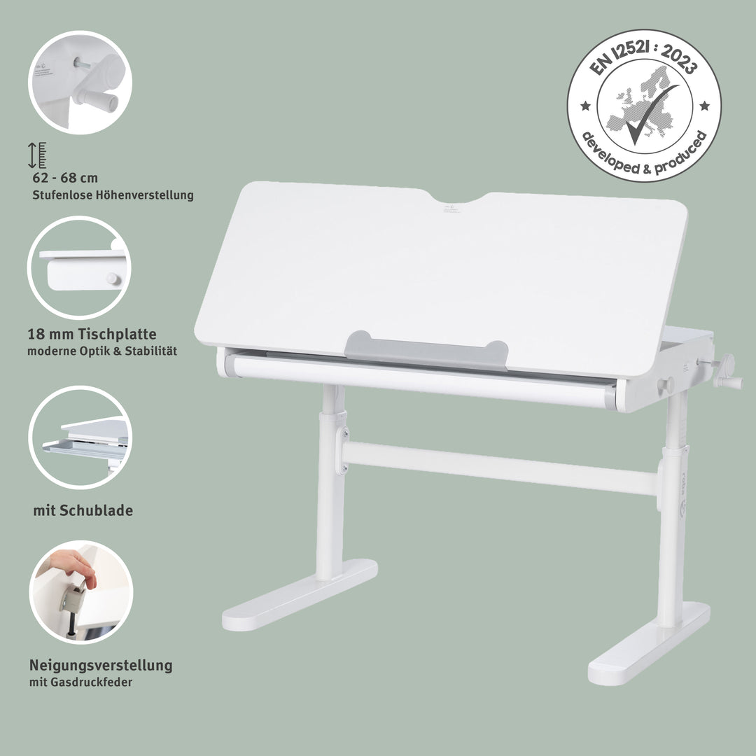 Escritorio inclinable con cajón blanco - Escritorio infantil regulable en altura 62-78 cm - Con encimera basculante y espacio de almacenamiento - Para niños y jóvenes - Ergonómico y funcional - 110 x 60 cm - Diseño moderno