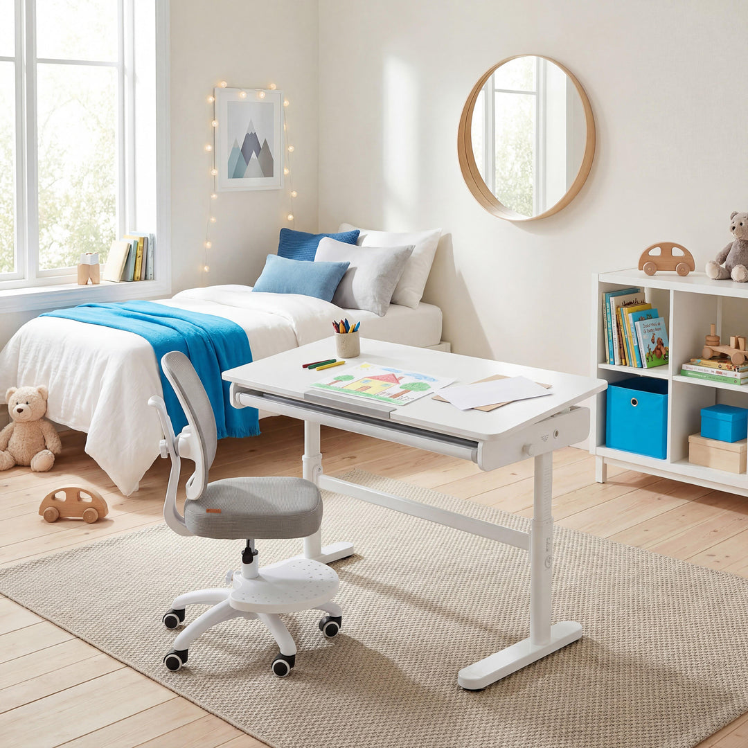 Escritorio inclinable con cajón blanco - Escritorio infantil regulable en altura 62-78 cm - Con encimera basculante y espacio de almacenamiento - Para niños y jóvenes - Ergonómico y funcional - 110 x 60 cm - Diseño moderno