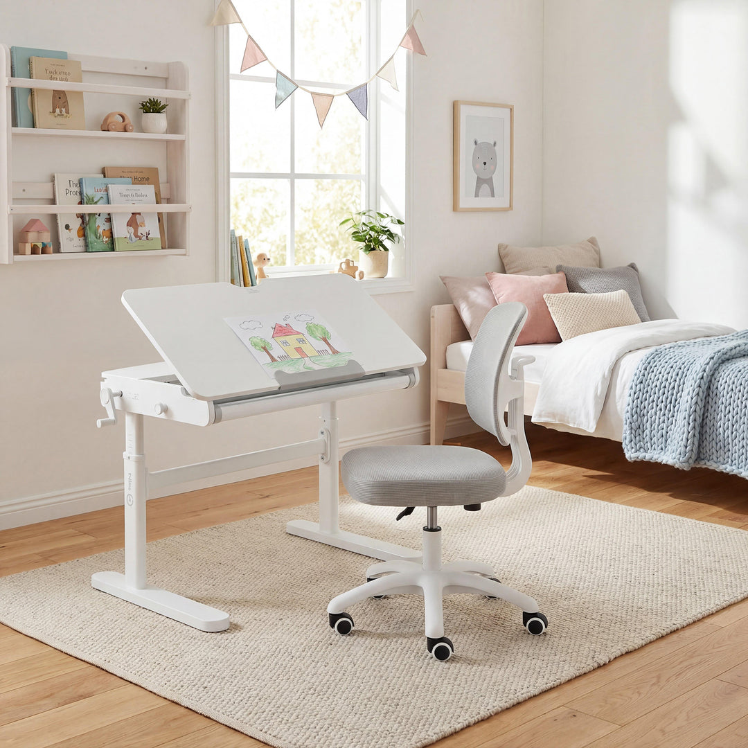 Escritorio inclinable con cajón blanco - Escritorio infantil regulable en altura 62-78 cm - Con encimera basculante y espacio de almacenamiento - Para niños y jóvenes - Ergonómico y funcional - 110 x 60 cm - Diseño moderno