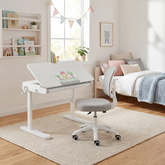 Escritorio inclinable con cajón blanco - Escritorio infantil regulable en altura 62-78 cm - Con encimera basculante y espacio de almacenamiento - Para niños y jóvenes - Ergonómico y funcional - 110 x 60 cm - Diseño moderno