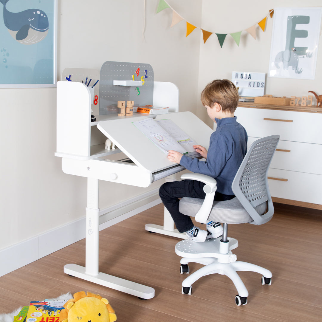 Escritorio inclinable con cajón blanco - Escritorio infantil regulable en altura 62-78 cm - Con encimera basculante y espacio de almacenamiento - Para niños y jóvenes - Ergonómico y funcional - 110 x 60 cm - Diseño moderno