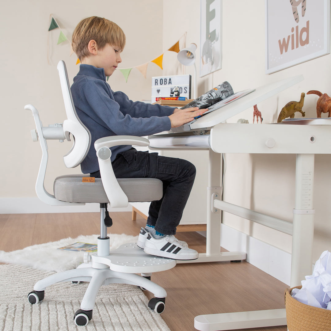 Escritorio parcialmente inclinado con cajón blanco - Escritorio infantil ajustable en altura 62-78 cm - Mitad derecha de la mesa inclinable - Con almacenamiento y superficie de trabajo ergonómica - 110x60 cm - Niños y adolescentes - Moderno y estable