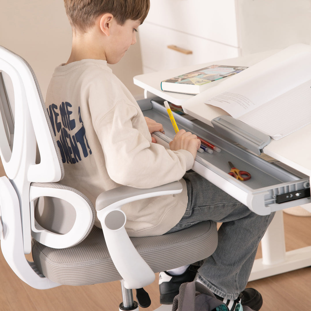 Escritorio parcialmente inclinado con cajón blanco - Escritorio infantil ajustable en altura 62-78 cm - Mitad derecha de la mesa inclinable - Con almacenamiento y superficie de trabajo ergonómica - 110x60 cm - Niños y adolescentes - Moderno y estable