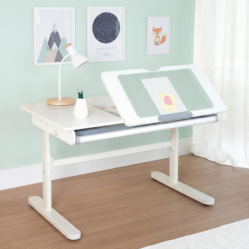 Scrivania inclinabile con cassetto bianco - Scrivania regolabile in altezza per bambini 62-78 cm - Metà destra del tavolo inclinabile - Con spazio di archiviazione e superficie di lavoro ergonomica - 110x60 cm - Bambini & adolescenti - Moderna & stabile