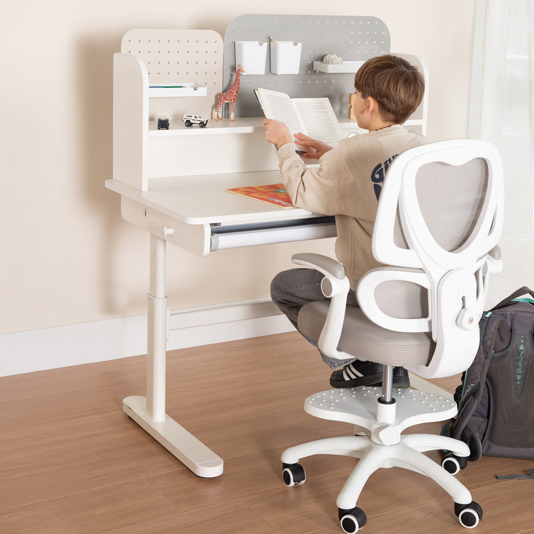 Escritorio parcialmente inclinado con cajón blanco - Escritorio infantil ajustable en altura 62-78 cm - Mitad derecha de la mesa inclinable - Con almacenamiento y superficie de trabajo ergonómica - 110x60 cm - Niños y adolescentes - Moderno y estable