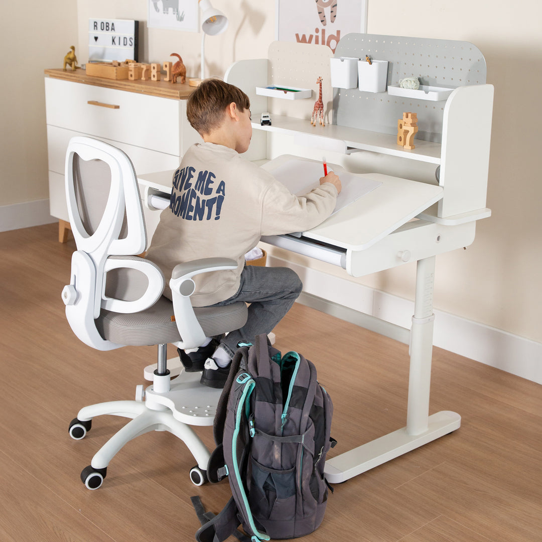 Escritorio parcialmente inclinado con cajón blanco - Escritorio infantil ajustable en altura 62-78 cm - Mitad derecha de la mesa inclinable - Con almacenamiento y superficie de trabajo ergonómica - 110x60 cm - Niños y adolescentes - Moderno y estable