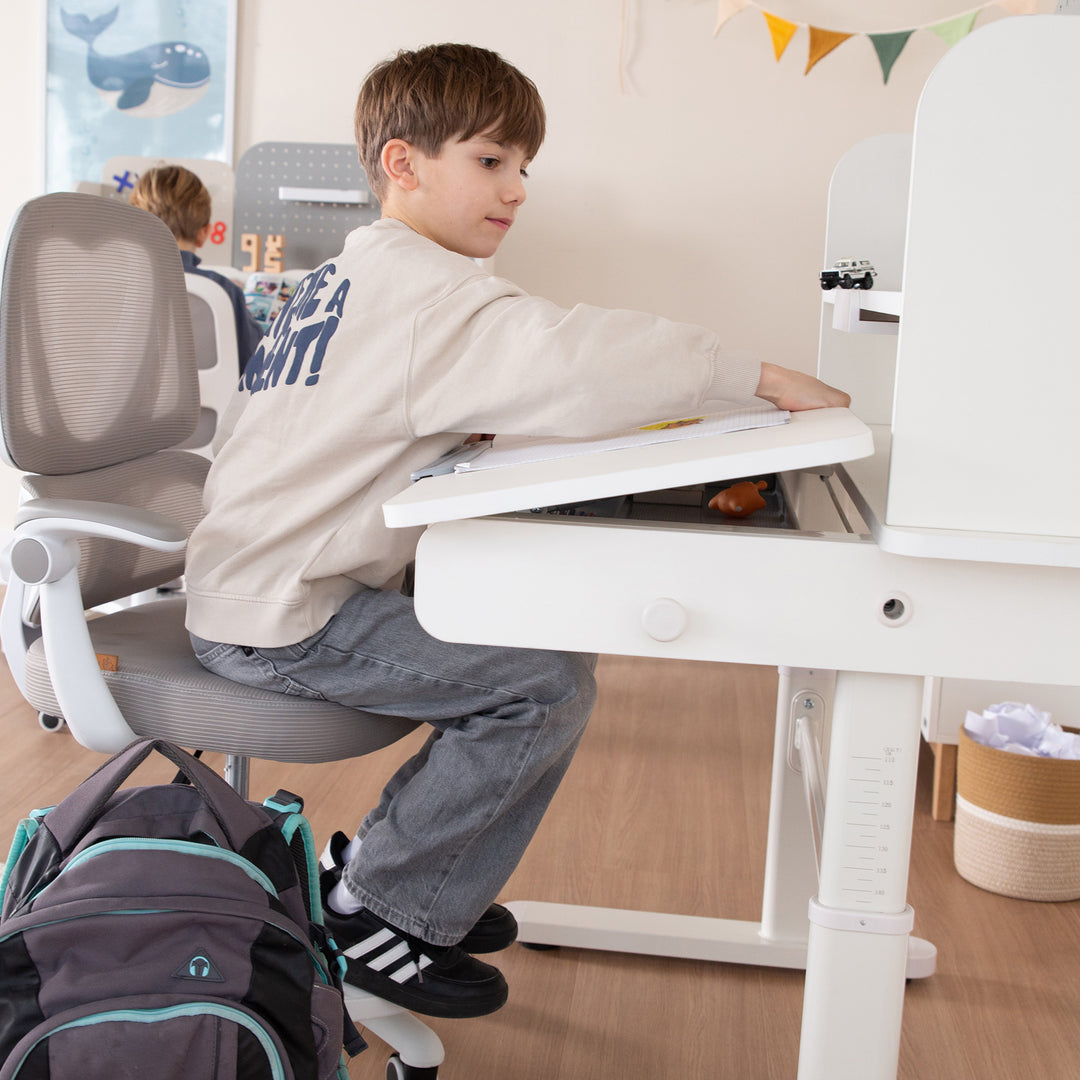 Escritorio parcialmente inclinado con cajón blanco - Escritorio infantil ajustable en altura 62-78 cm - Mitad derecha de la mesa inclinable - Con almacenamiento y superficie de trabajo ergonómica - 110x60 cm - Niños y adolescentes - Moderno y estable