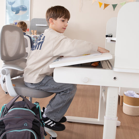 Escritorio parcialmente inclinado con cajón blanco - Escritorio infantil ajustable en altura 62-78 cm - Mitad derecha de la mesa inclinable - Con almacenamiento y superficie de trabajo ergonómica - 110x60 cm - Niños y adolescentes - Moderno y estable