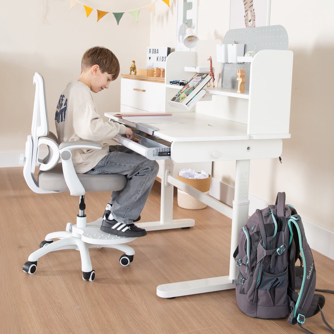 Escritorio parcialmente inclinado con cajón blanco - Escritorio infantil ajustable en altura 62-78 cm - Mitad derecha de la mesa inclinable - Con almacenamiento y superficie de trabajo ergonómica - 110x60 cm - Niños y adolescentes - Moderno y estable