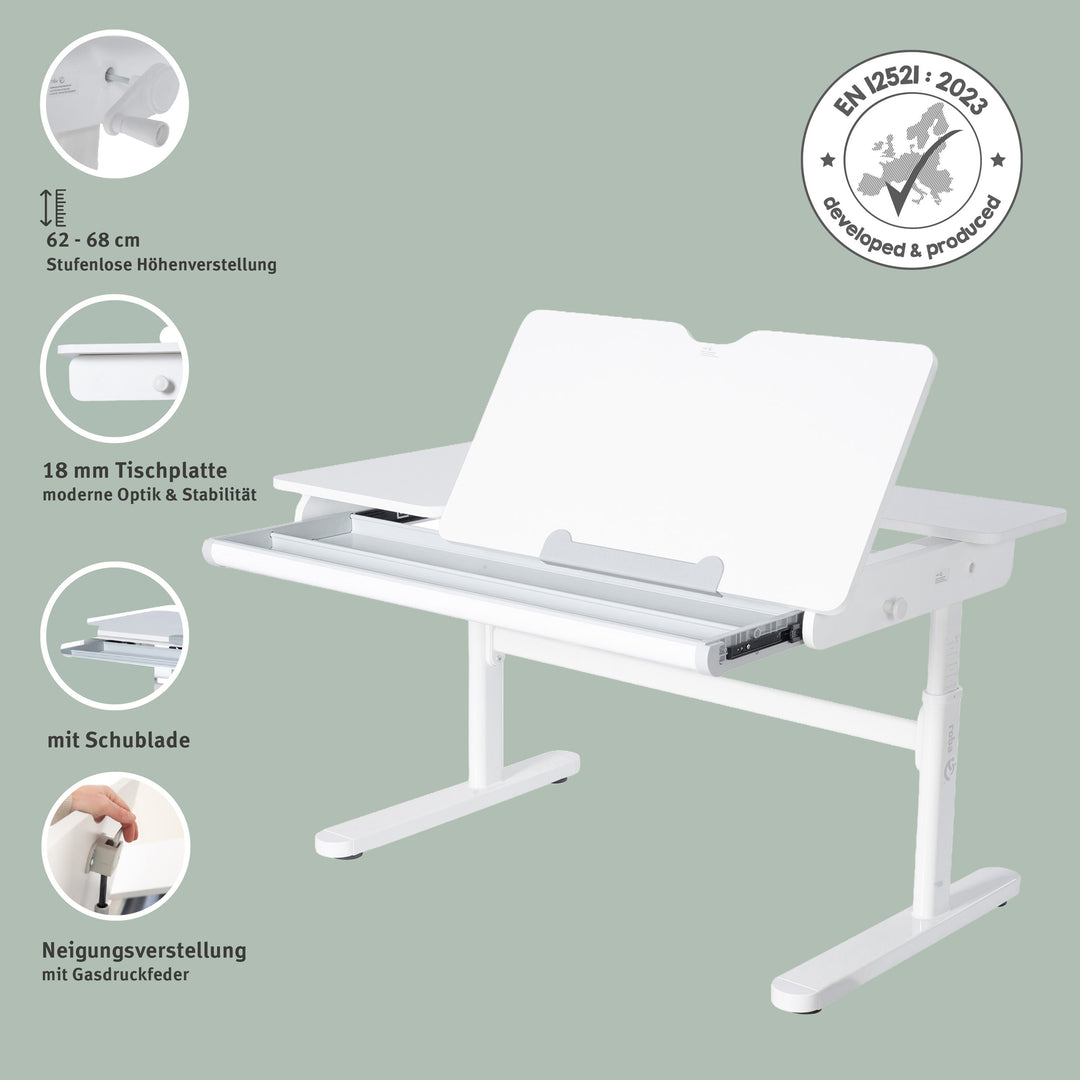 Escritorio parcialmente inclinado con cajón blanco - Escritorio infantil ajustable en altura 62-78 cm - Mitad derecha de la mesa inclinable - Con almacenamiento y superficie de trabajo ergonómica - 110x60 cm - Niños y adolescentes - Moderno y estable