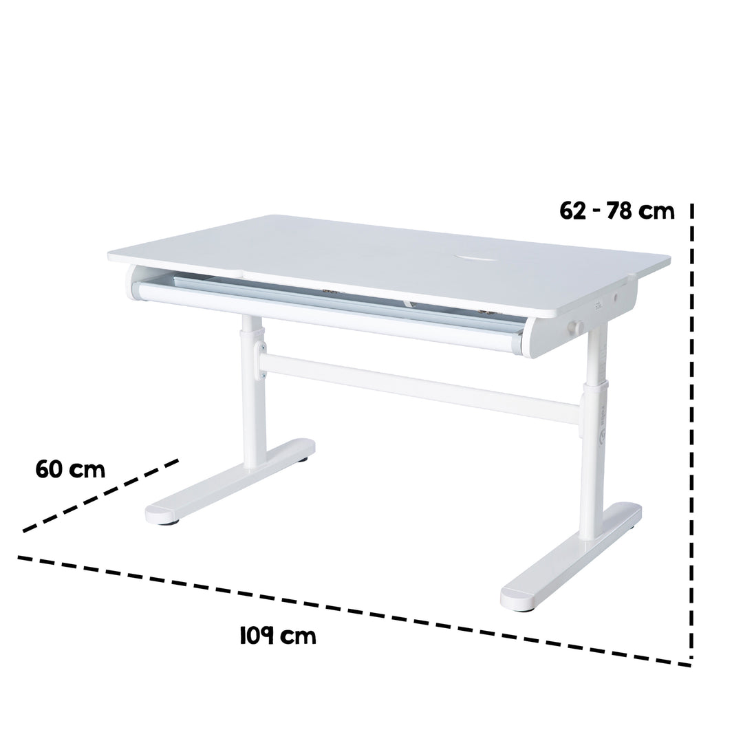 Escritorio parcialmente inclinado con cajón blanco - Escritorio infantil ajustable en altura 62-78 cm - Mitad derecha de la mesa inclinable - Con almacenamiento y superficie de trabajo ergonómica - 110x60 cm - Niños y adolescentes - Moderno y estable