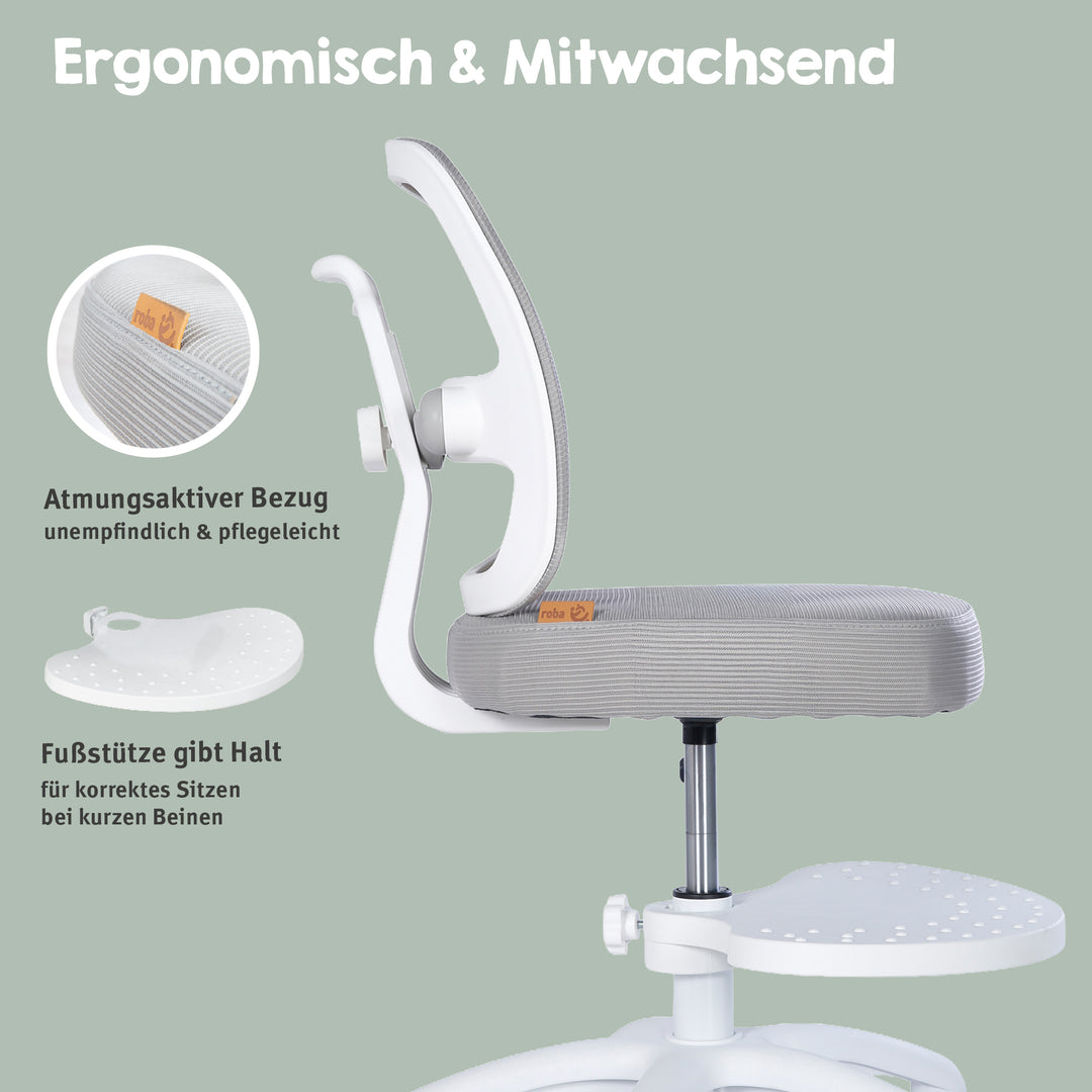 Kinderbürostuhl Smart Grow 2D- Ergonomischer Drehstuhl - Höhenverstellbar - Weiß / Grau