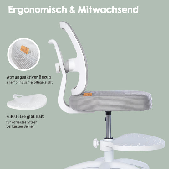 Kinderbürostuhl Smart Grow 2D- Ergonomischer Drehstuhl - Höhenverstellbar - Weiß / Grau