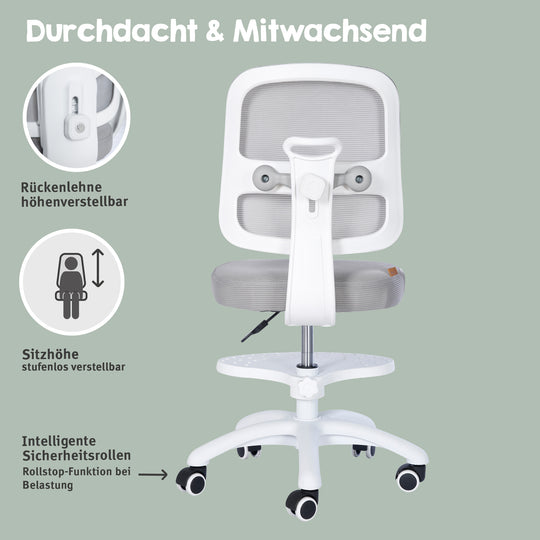 Kinderbürostuhl Smart Grow 2D- Ergonomischer Drehstuhl - Höhenverstellbar - Weiß / Grau
