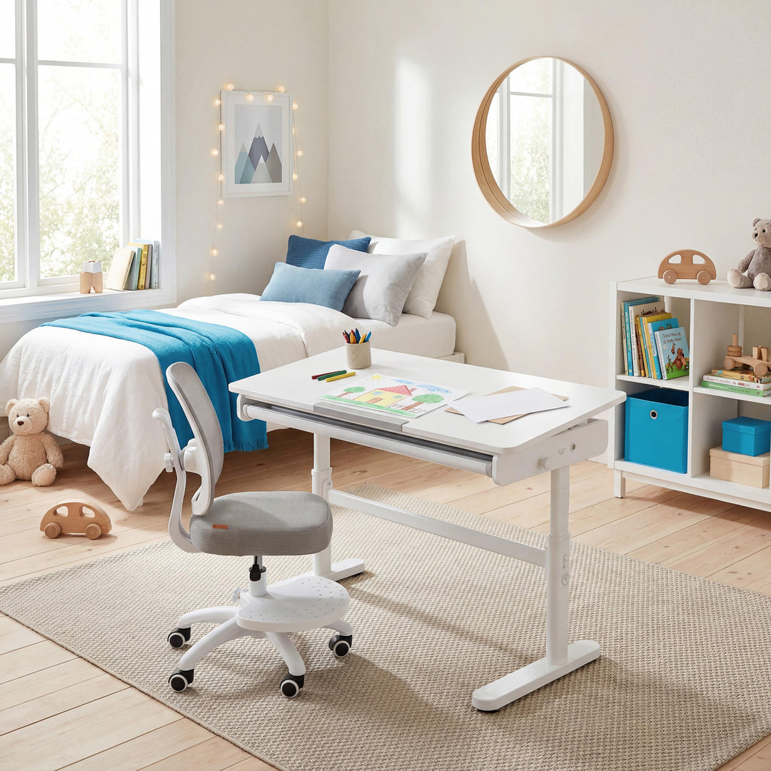 Kinderbürostuhl Smart Grow 2D- Ergonomischer Drehstuhl - Höhenverstellbar - Weiß / Grau