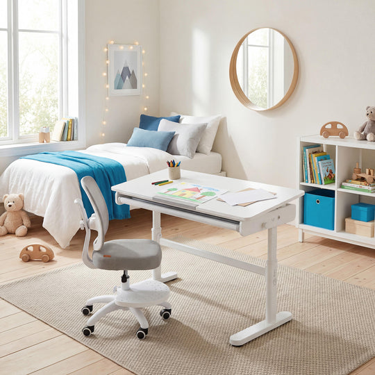 Kinderbürostuhl Smart Grow 2D- Ergonomischer Drehstuhl - Höhenverstellbar - Weiß / Grau