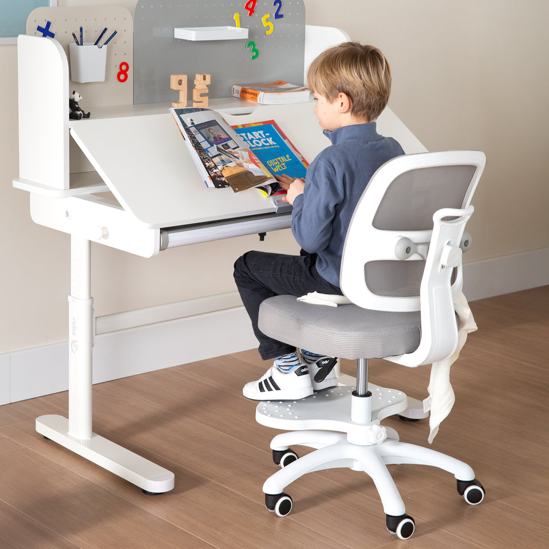 Kinderbürostuhl Smart Grow 2D- Ergonomischer Drehstuhl - Höhenverstellbar - Weiß / Grau