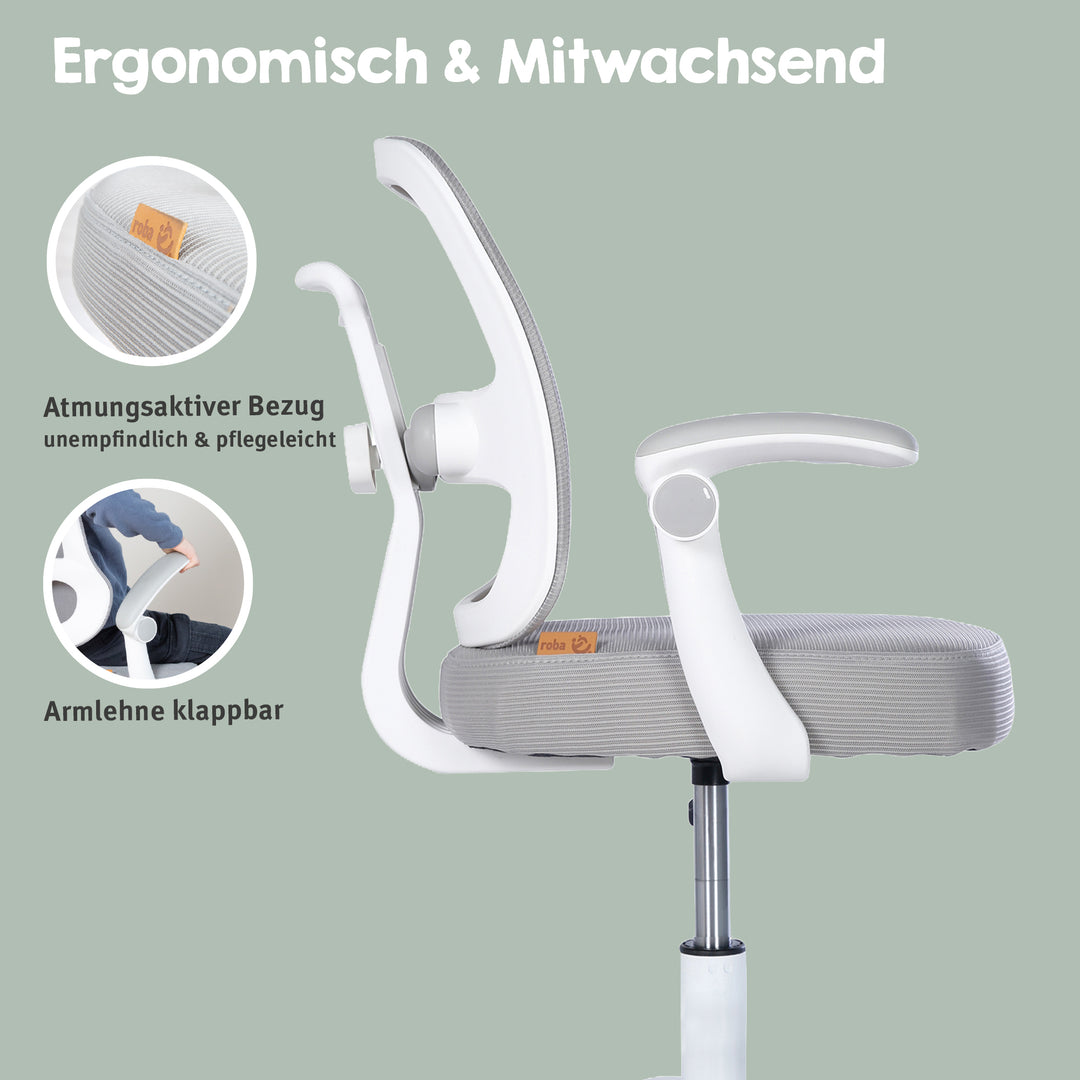 Kinderbürostuhl Smart Grow 2D- Ergonomischer Drehstuhl - Höhenverstellbar - Weiß / Grau