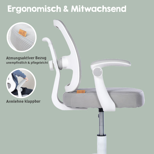 Kinderbürostuhl Smart Grow 2D- Ergonomischer Drehstuhl - Höhenverstellbar - Weiß / Grau