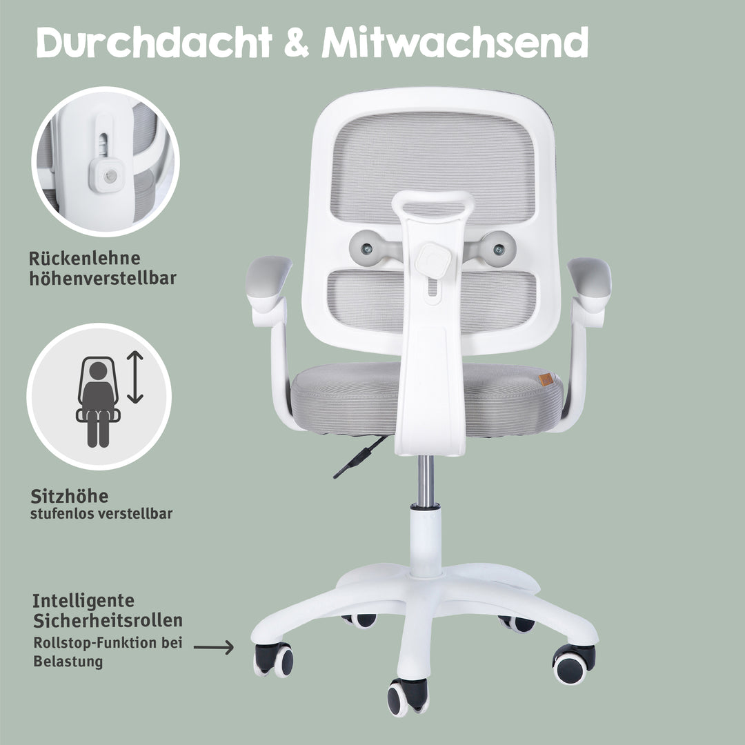 Kinderbürostuhl Smart Grow 2D- Ergonomischer Drehstuhl - Höhenverstellbar - Weiß / Grau