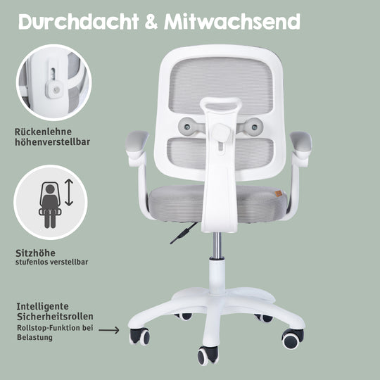 Kinderbürostuhl Smart Grow 2D- Ergonomischer Drehstuhl - Höhenverstellbar - Weiß / Grau