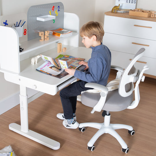 Kinderbürostuhl Smart Grow 2D- Ergonomischer Drehstuhl - Höhenverstellbar - Weiß / Grau