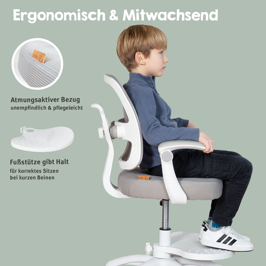 Kinderbürostuhl Smart Grow 2D- Ergonomischer Drehstuhl - Höhenverstellbar - Weiß / Grau