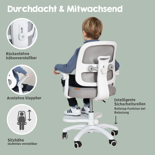 Kinderbürostuhl Smart Grow 2D- Ergonomischer Drehstuhl - Höhenverstellbar - Weiß / Grau