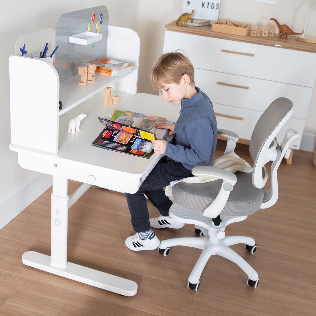 Kinderbürostuhl Smart Grow 2D- Ergonomischer Drehstuhl - Höhenverstellbar - Weiß / Grau