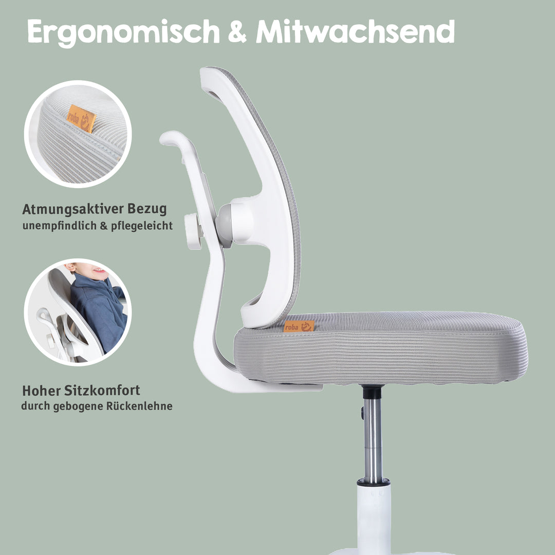 Kinderbürostuhl Smart Grow 2D- Ergonomischer Drehstuhl - Höhenverstellbar - Weiß / Grau