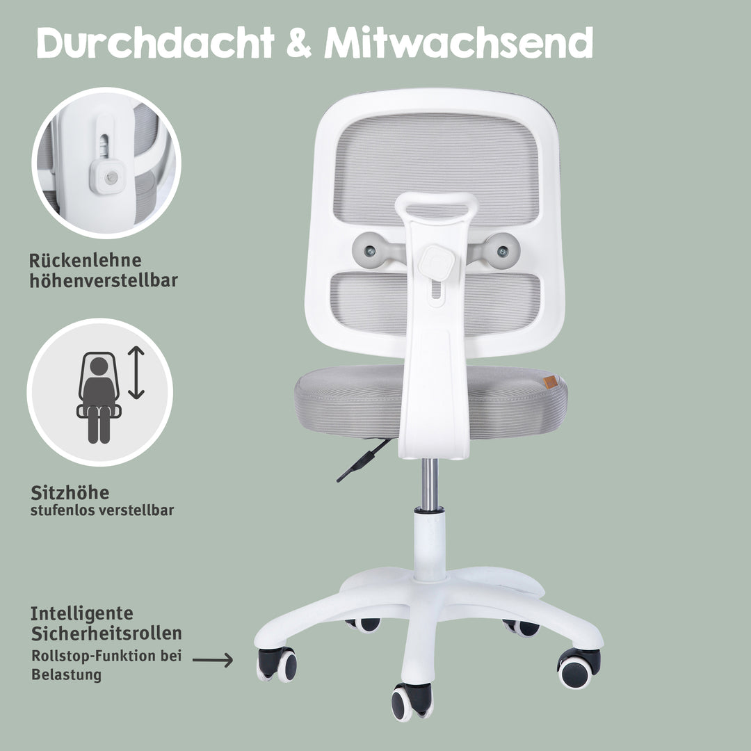 Kinderbürostuhl Smart Grow 2D- Ergonomischer Drehstuhl - Höhenverstellbar - Weiß / Grau