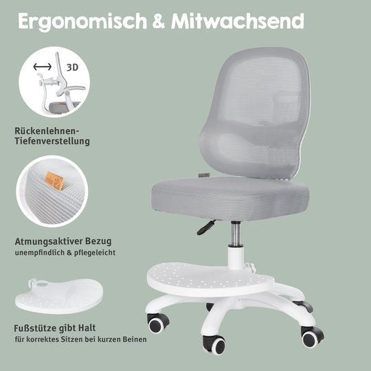 Kinderbürostuhl Smart Grow 3D - Ergonomischer Drehstuhl - Höhenverstellbar - Weiß / Grau