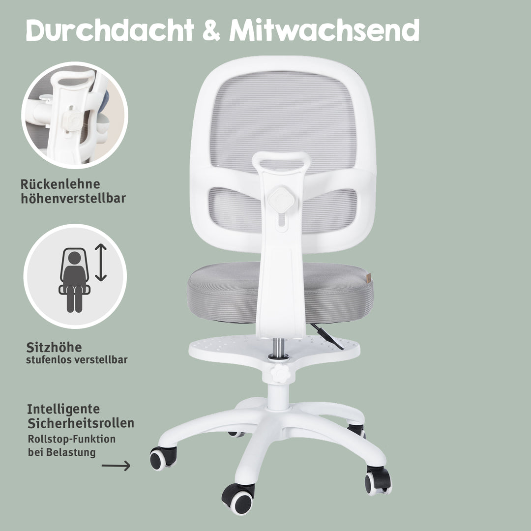 Kinderbürostuhl Smart Grow 3D - Ergonomischer Drehstuhl - Höhenverstellbar - Weiß / Grau