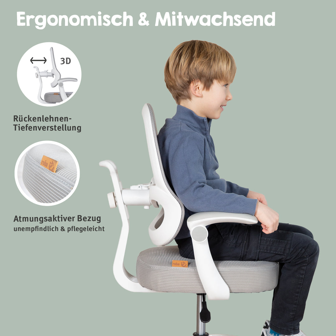 Kinderbürostuhl Smart Grow 3D - Ergonomischer Drehstuhl - Höhenverstellbar - Weiß / Grau