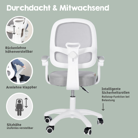 Kinderbürostuhl Smart Grow 3D - Ergonomischer Drehstuhl - Höhenverstellbar - Weiß / Grau